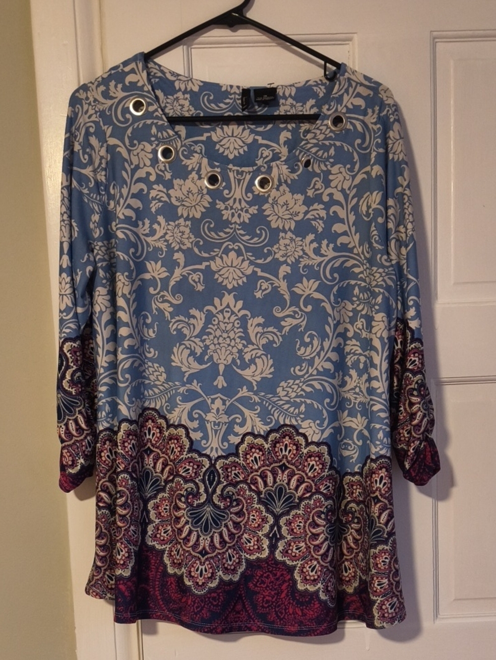 new directions Blue Floral Eyelet-Accent Tunic with Purple Border